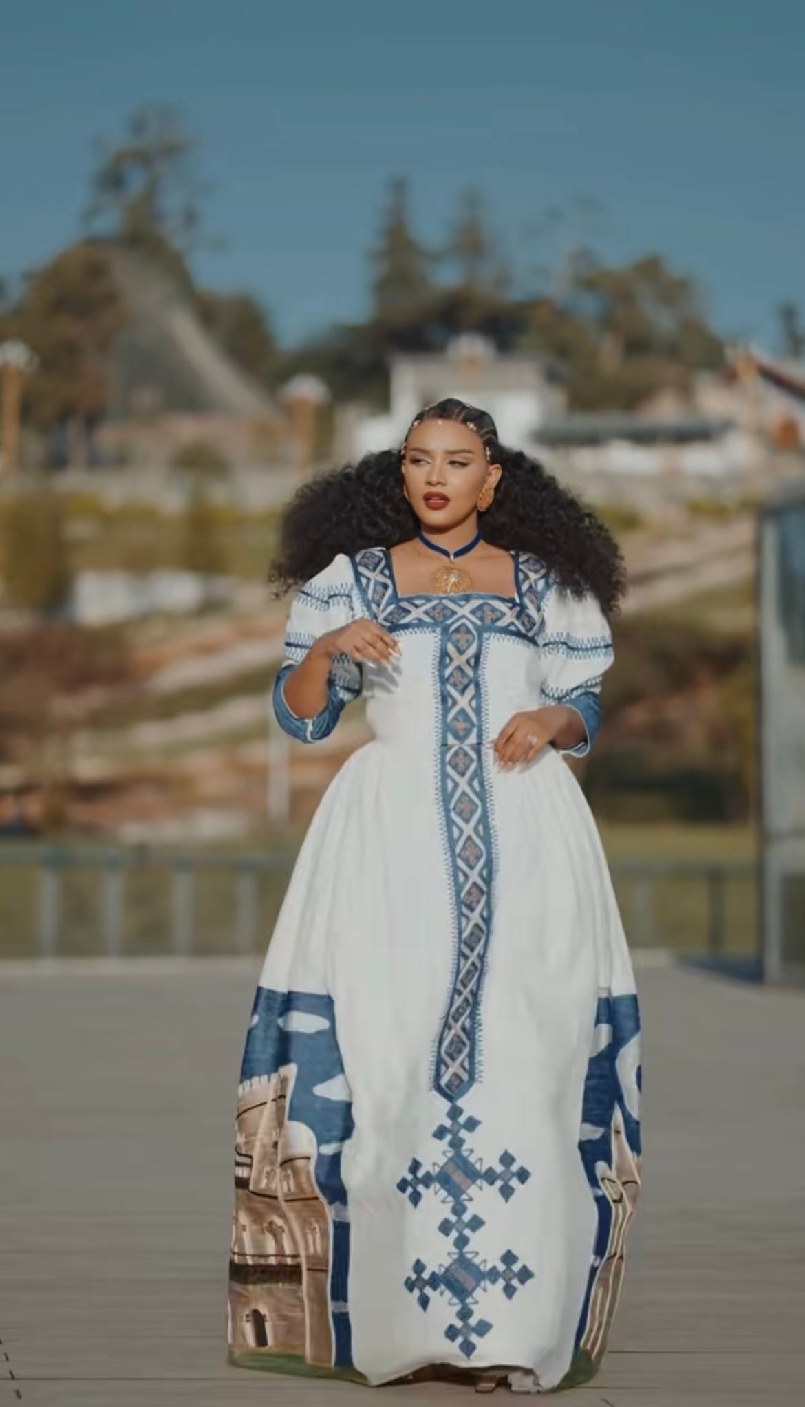 Unique White Habesha Dress by Liya Fetil – Blue Tilet Art & Gonder Faldas Cross Embroidery