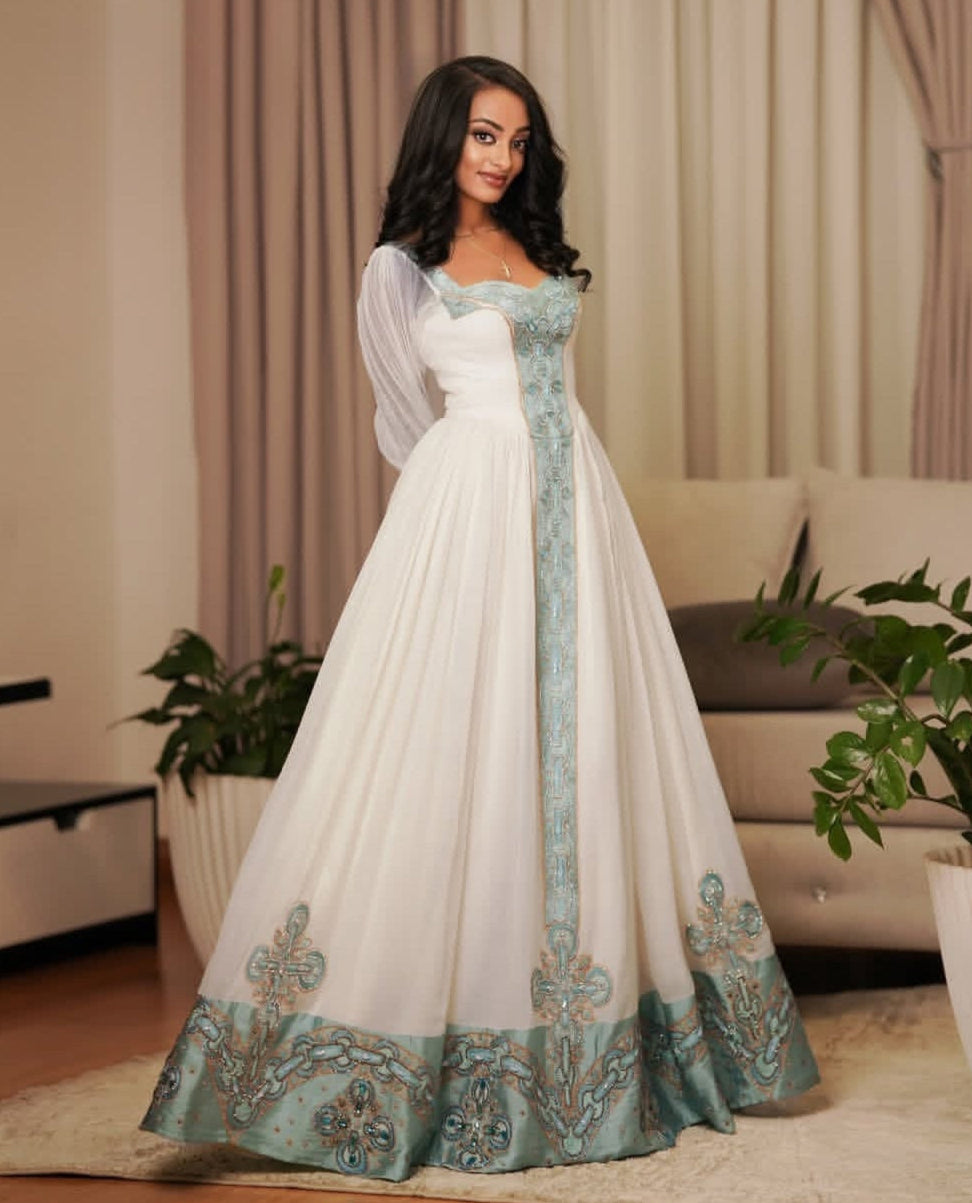 Elegant White Habesha Kemis – Handwoven Ethiopian Dress for Graduations & Holidays | Colorful Tibeb