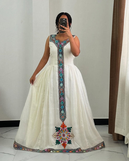 Ethiopian Graduation Dress – Modern Habesha Kemis with Colored Tibeb Borders Bezawit