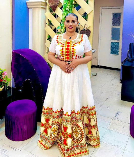 Vibrant Eritrean Cultural Dress – Handmade Zuria for Holidays & Special Occasions, Classic Habesha Kemis Outfit Bezawit