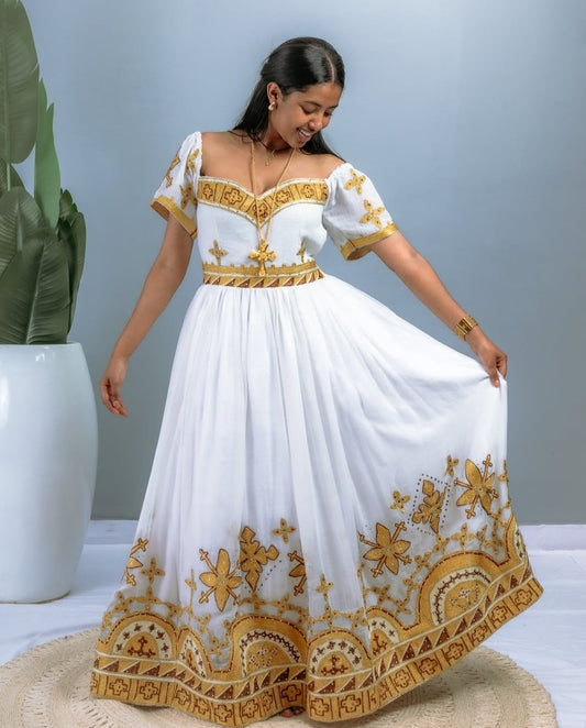 Ethiopian Holiday Dress – Festive Habesha Kemis with Gold and Silver Threads, Classic Habesha Bezawit