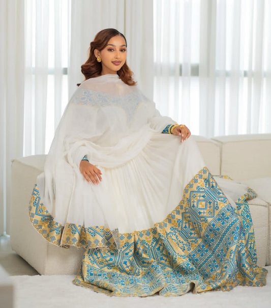 Green & Gold Embroidered Habesha Dress – Modern Zuria with Sheer Shawl Bezawit