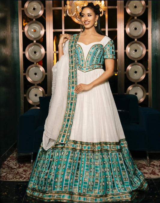 Turquoise & Gold Modern Habesha Dress – Zuria-Inspired with Shawl Bezawit