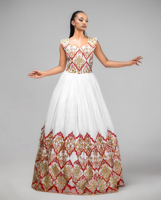 Outdoor Celebration Kemis Sleeveless – Red & Gold Habesha Dress Bezawit