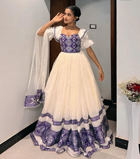 Purple & siliver Habesha Kemis – Fitted Cultural Dress for Engagements Bezawit