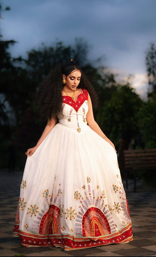 Vibrant Red & Gold Habesha Wedding Dress – Traditional Ethiopian Kemis Bezawit