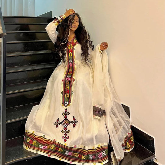 Modern Ethiopian Kemis with colorful Tilet – Contemporary Habesha Dress for Graduations Bezawit