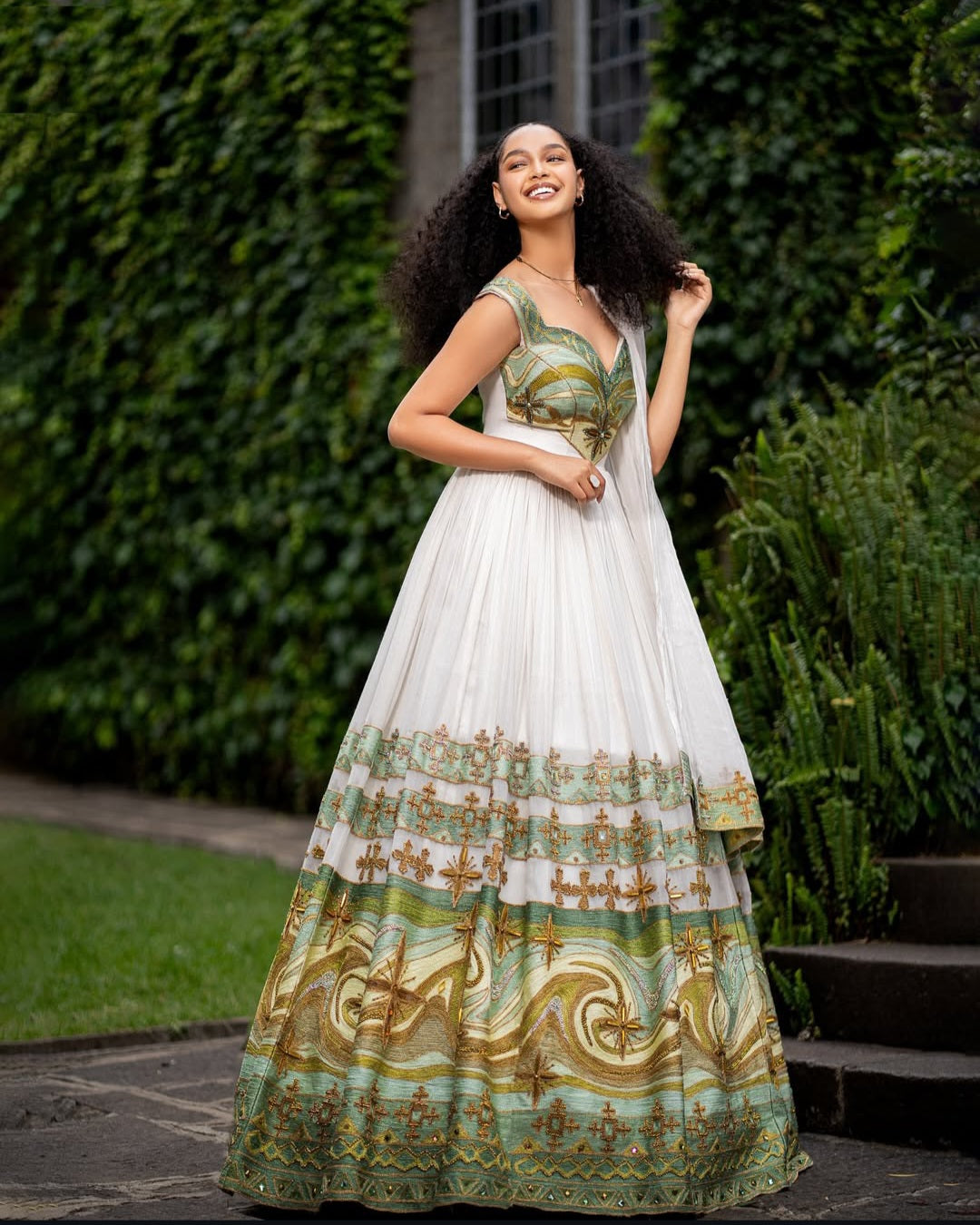 Timeless Habesha Kemis with green and Gold – Ethiopian Celebration Dress Bezawit