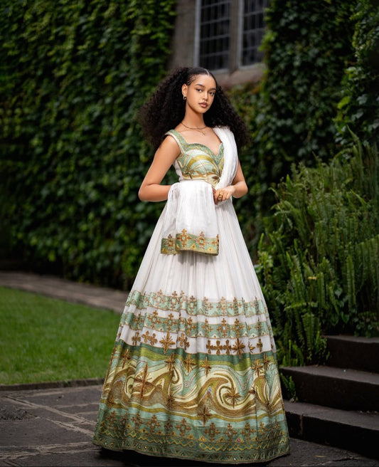 Timeless Habesha Kemis with green and Gold – Ethiopian Celebration Dress Bezawit