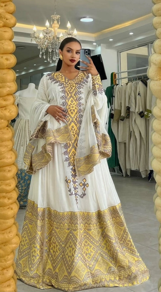 Ethiopian Radiant & Simple Habesha Dress – Traditional Kemis with Yellow Tibeb Embroidery Bezawit