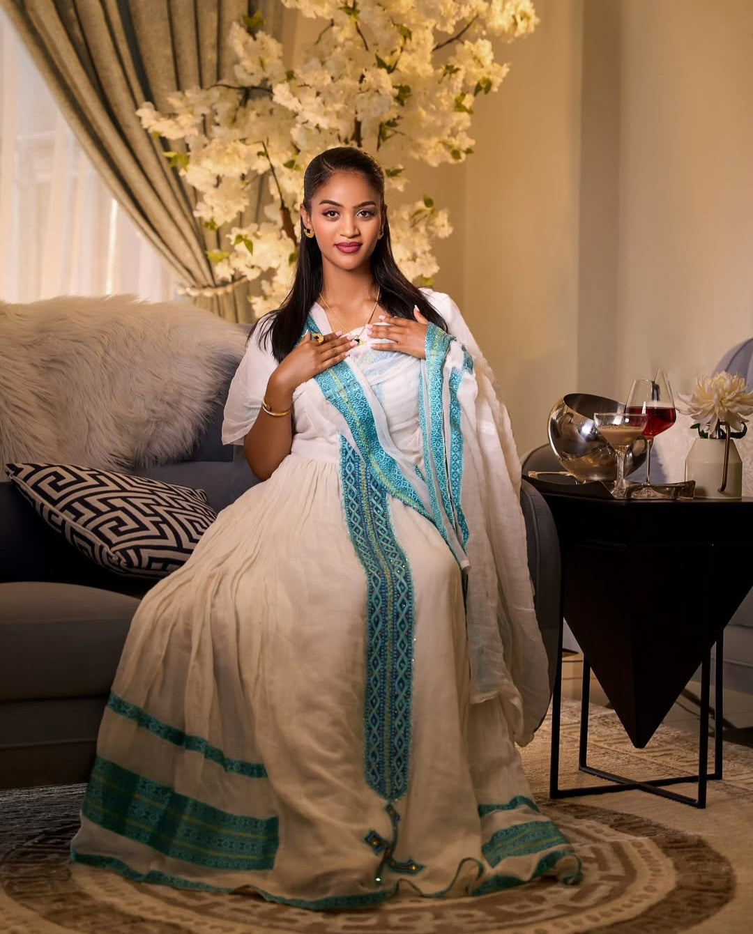 Modern Habesha Dress for Engagements – Stylish Zuria Blue tibeb Bezawit