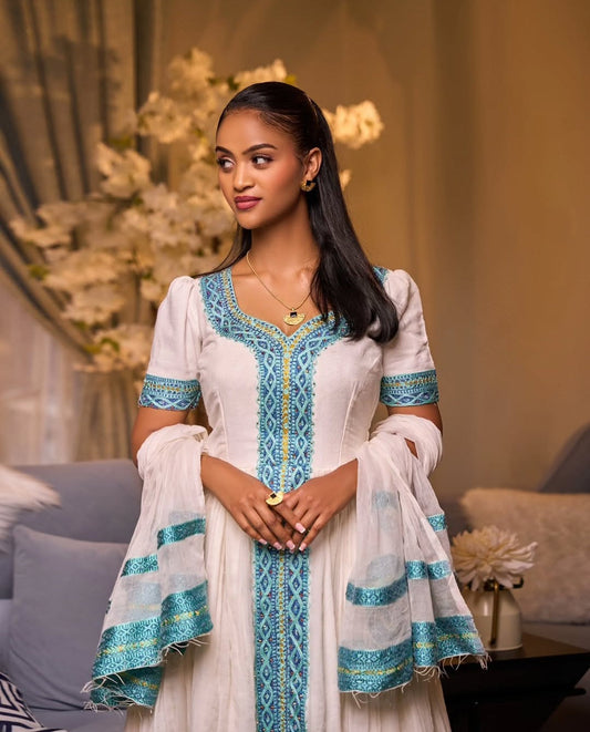 Modern Habesha Dress for Engagements – Stylish Zuria Blue tibeb Bezawit