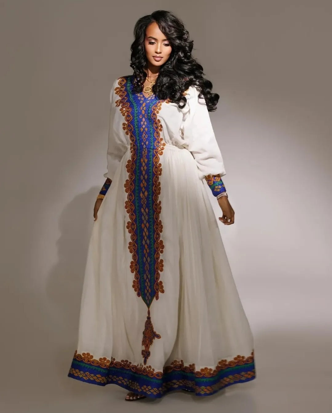 Classic Ethiopian Kemis for Holidays – Traditional Dress in White & Purple Bezawit