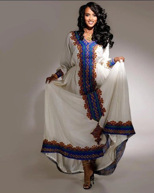 Classic Ethiopian Kemis for Holidays – Traditional Dress in White & Purple Bezawit