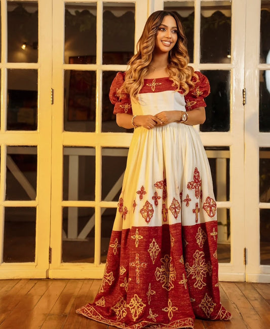 simple and beautiful Traditional Ethiopian Dress in Cream with Red Patterns Bezawit