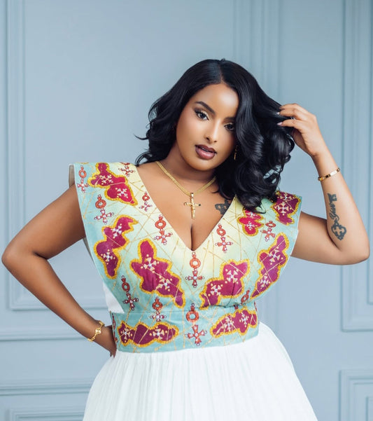 Elegant Handwoven Habesha Zuria in White with Red and Yellow Bezawit