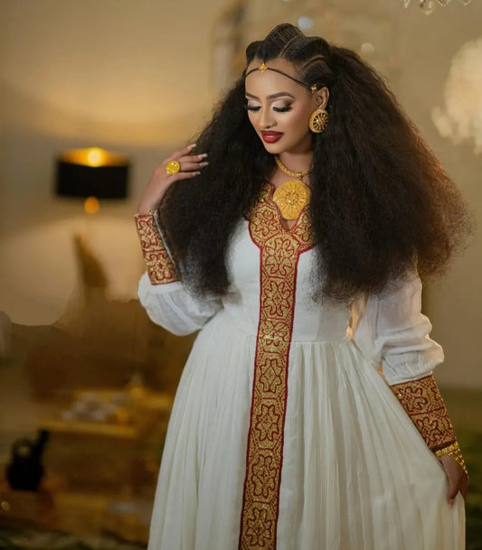 Custom Habesha dress with Colorful Embroidery - Ethiopian Outfit for Engagements Bezawit
