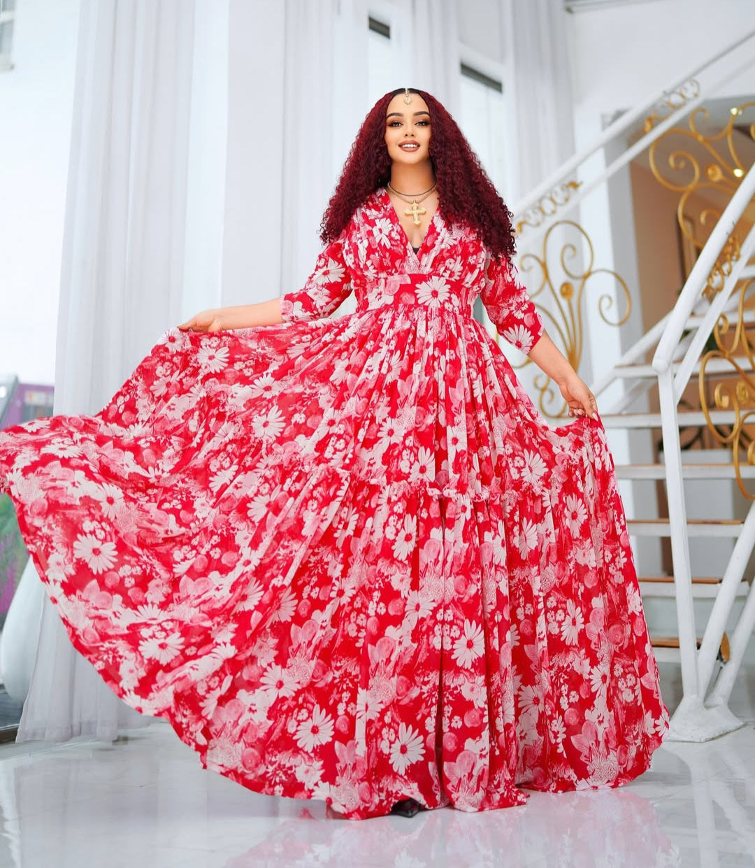 red ethiopian traditional dress Red Slim Fit Ethiopian Dress with Embroidery Royal Elegance