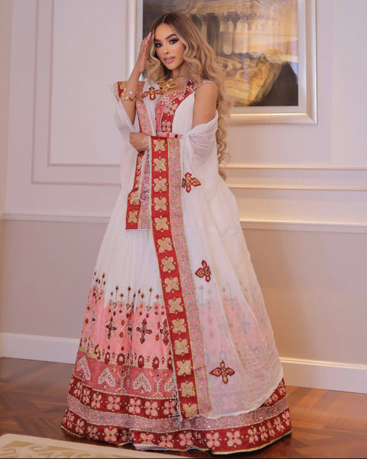 Stunning White Habesha Kemis for Women - Traditional Eritrean Dress with Gold Pink Accents Bezawit