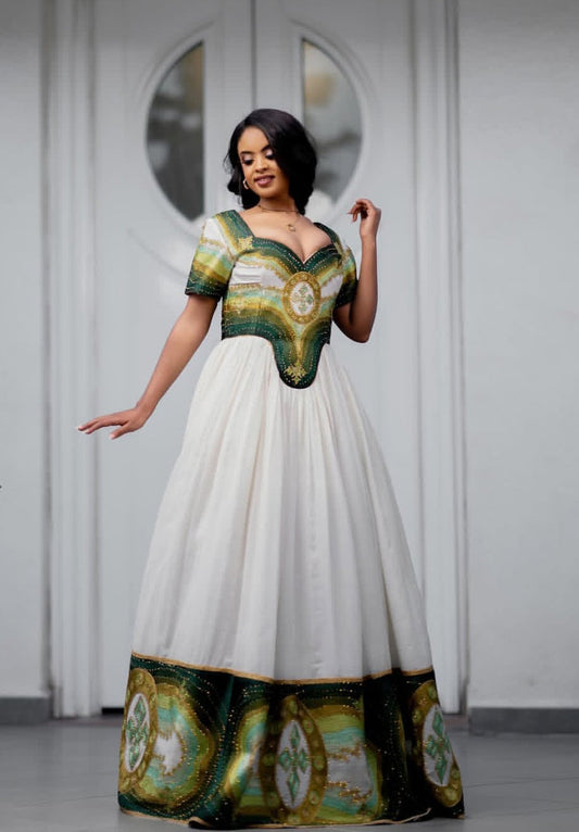 Elegant Emerald & Gold Ethiopian Habesha Dress - Handwoven Zuria, Modern Habesha Kemis Outfit Bezawit