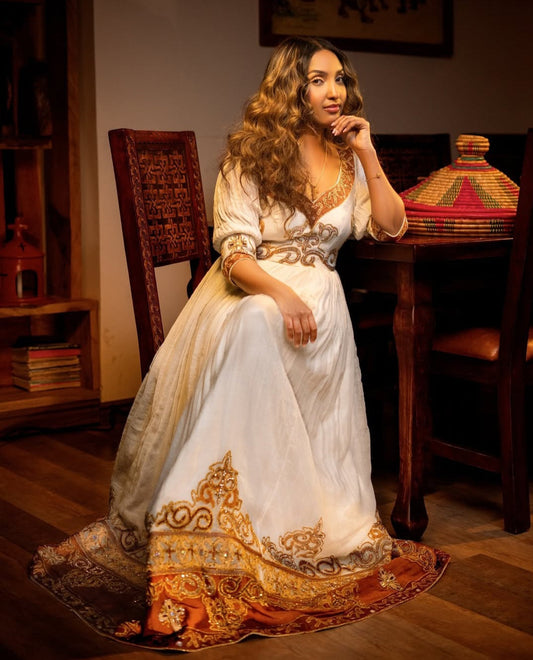 Graceful White Habesha Zuria - Traditional Eritrean Dress with Gold Edge Details Bezawit