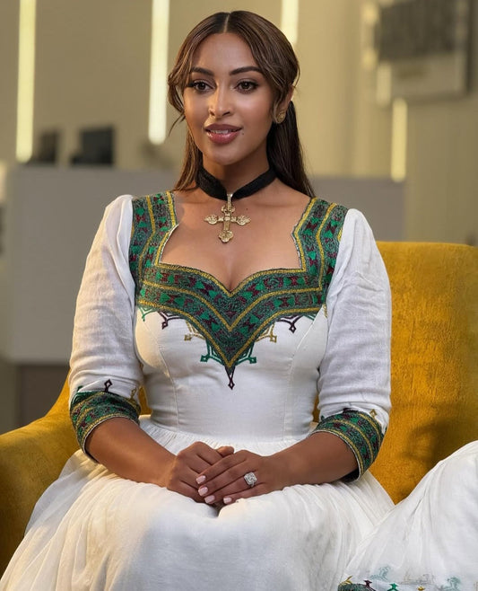Vibrant Modern Habesha Dress - Ethiopian Traditional Attire with Green & Gold Accents Bezawit