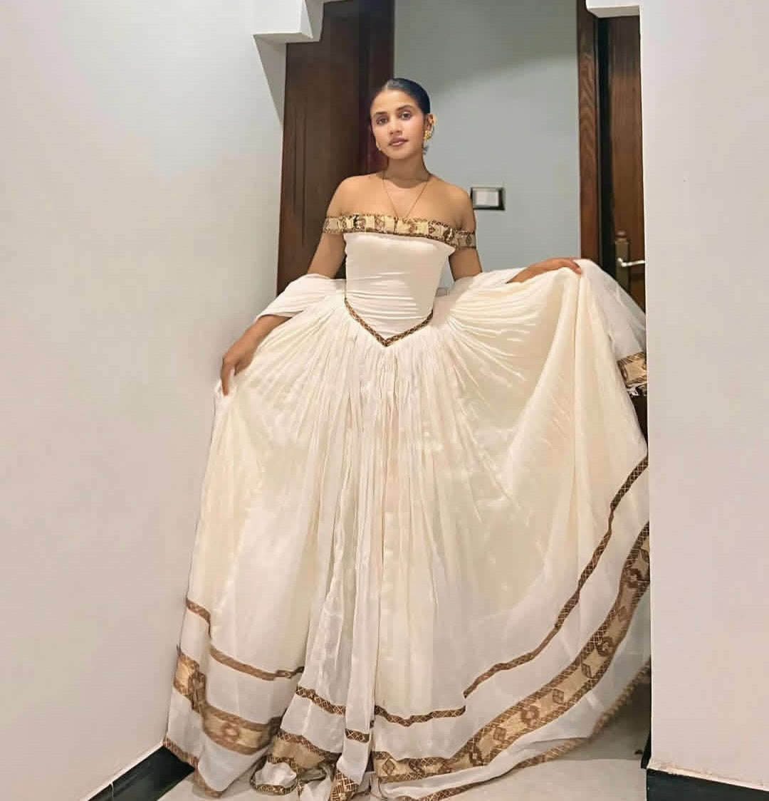 Off-Shoulder Modern Ethiopian graduation dress - in Cream and Gold Habesha Dresses Store Off-Shoulder Modern Ethiopian graduation dress - in Cream and Gold Habesha Dresses Store