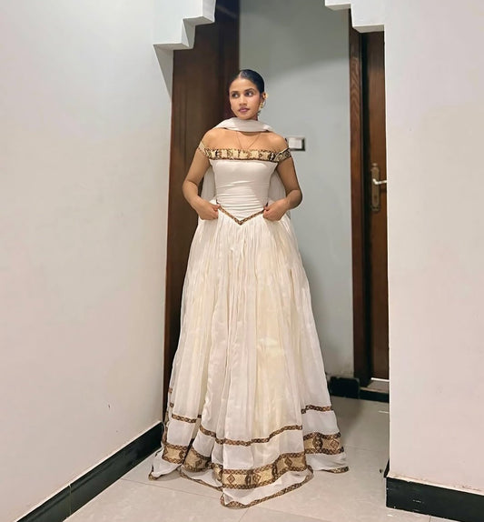 Off-Shoulder Modern Ethiopian graduation dress - in Cream and Gold Bezawit