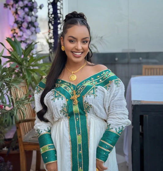 Modern Eritrean Dress in White with Green Embroidery Bezawit