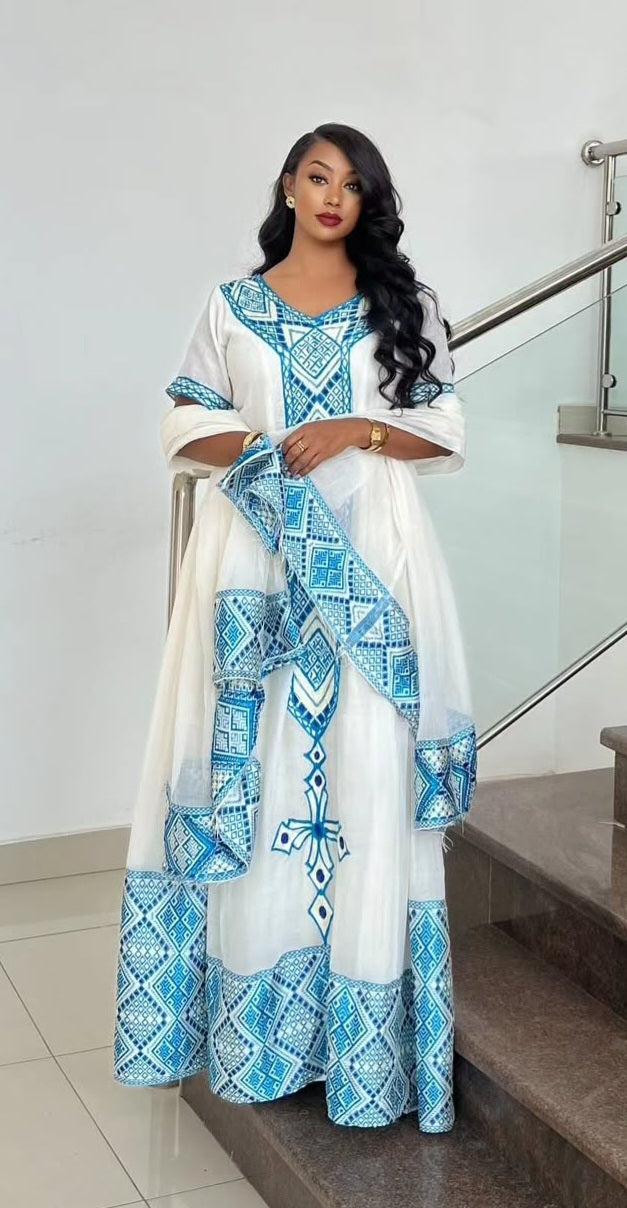 Modern Blue Habesha Dress for Women - Stylish Ethiopian Zuria with Intricate Patterns Bezawit