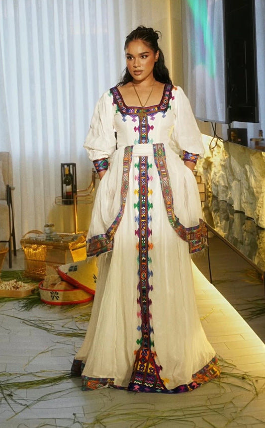 vibrant multi-color Habesha dress - Modern Ethiopian Zuria with Gold Trim Bezawit
