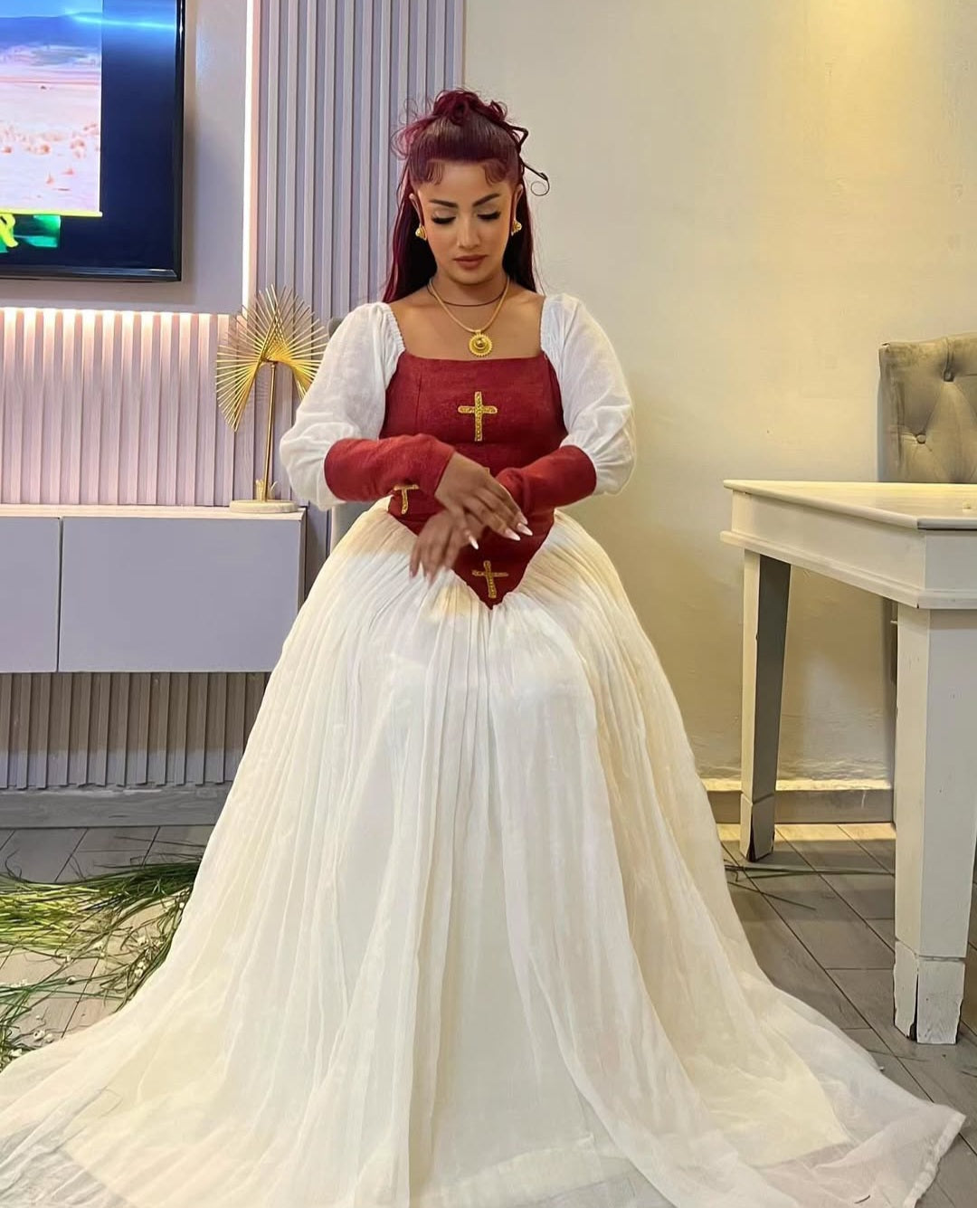 Elegant Red & White Habesha Dress - Traditional Ethiopian Kemis for Weddings Bezawit