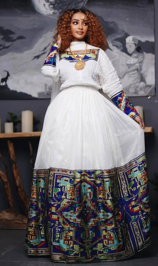 Vibrant Habesha Attire with Colorful Patterns - Contemporary Modern Ethiopian Dress