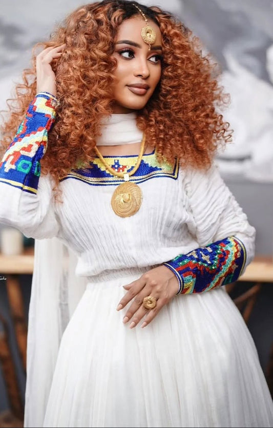 Vibrant Habesha Attire with Colorful Patterns - Contemporary Modern Ethiopian Dress Bezawit