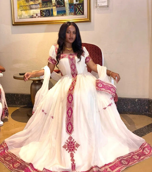 Elegant Purple & White Habesha Dress - Modern Ethiopian Zuria for Weddings Bezawit
