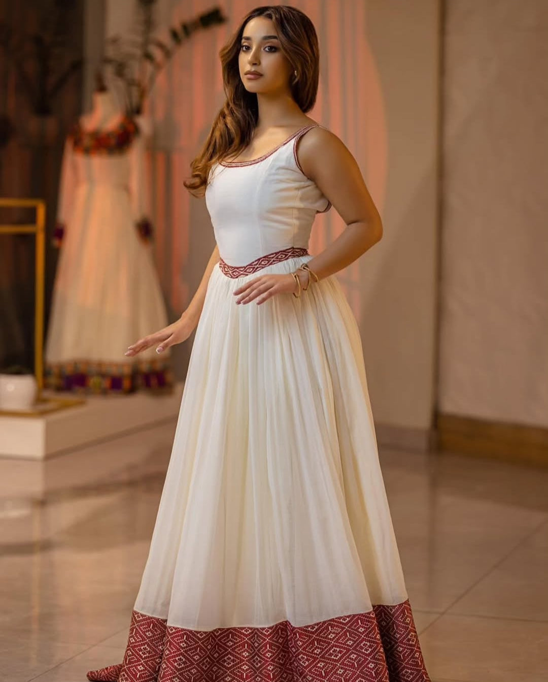 Classic backless Habesha Dress for Women - Modern Ethiopian Kemis with Red Trim
