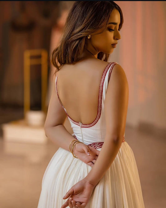 Classic backless Habesha Dress for Women - Modern Ethiopian Kemis with Red Trim Bezawit