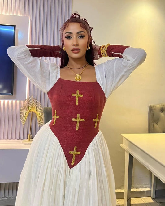 Elegant Red & White Habesha Dress - Traditional Ethiopian Kemis for Weddings Bezawit