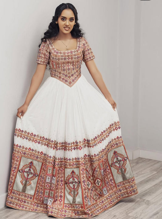 Elegant White and Red Habesha Dress for Women - Traditional Ethiopian Attire with Modern Details Bezawit
