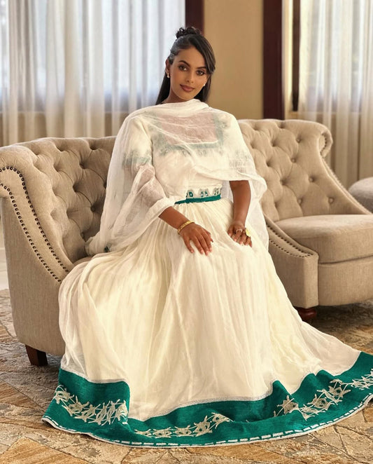 Serene White Habesha Kemis - Elegant Ethiopian Dress with Teal Accents Bezawit