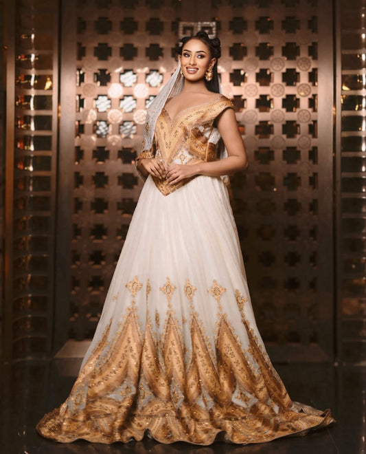Elegant White & Gold Ethiopian Wedding Dress - Modern Habesha Zuria for Brides Bezawit