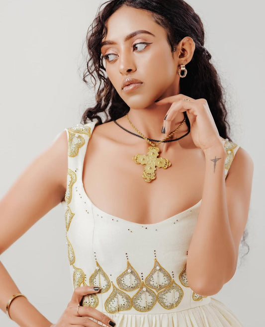 modern Habesha Dress for Women - Traditional Ethiopian Zuria with Gold & yellow Embroidery Bezawit