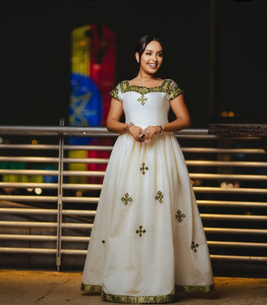 Elegant Cream Habesha Kemis – Traditional Ethiopian Dress with Yellow & Gray Embroidery Bezawit