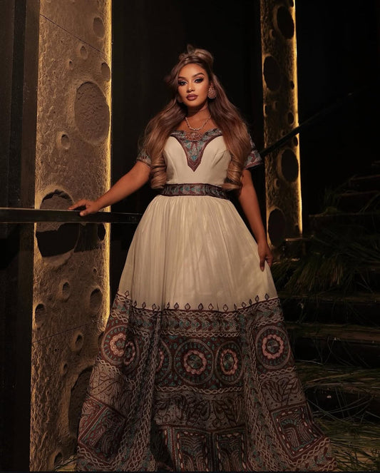 Off-White Ethiopian Dress – Formal Prom Attire with Earth-Toned Embroidery Bezawit
