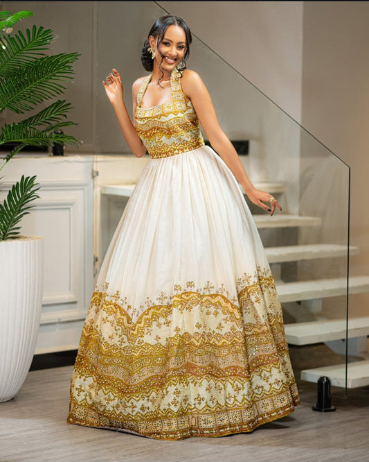Luxury White Habesha Dress – Sleeveless Ethiopian Kemis with Gold Beading Bezawit