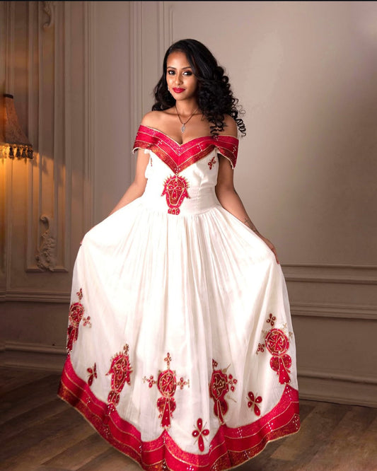 Off-Shoulder White Habesha Dress – Red & Gold Embroidered Ethiopian Kemis Bezawit