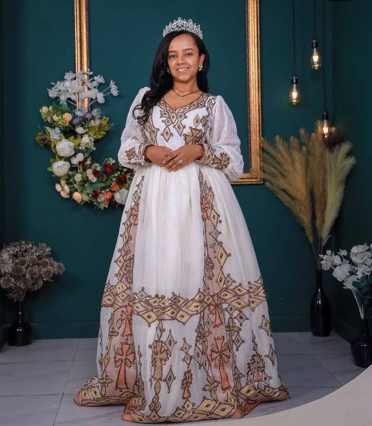 Classic Off-White Habesha Wedding Dress – Gold & Brown Embroidery Bezawit