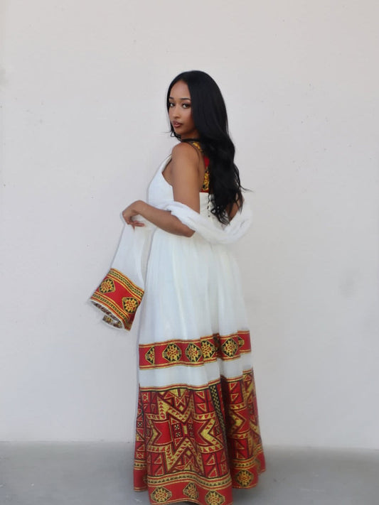 Sleeveless White Ethiopian Dress – Red, Gold & Black Embroidered Habesha Kemis Bezawit