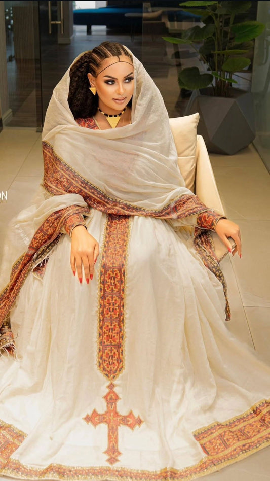 Off-White Traditional Ethiopian Dress – orange & Brown Embroidered Cultural Kemis Bezawit
