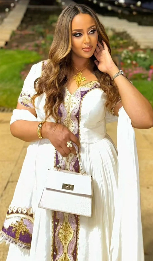 White Habesha Dress with Purple & Gold Panel – Traditional Ethiopian Kemis Style Bezawit